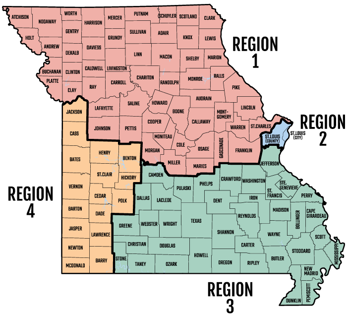 Missouri map with counties listed and four regions shaded red (north to mid), blue (St. Louis County and City), yellow (west to south), green (est to south)