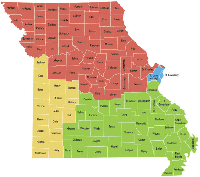 Missouri map with counties listed and four regions shaded red (north to mid), blue (St. Louis County and City), yellow (west to south), green (est to south)